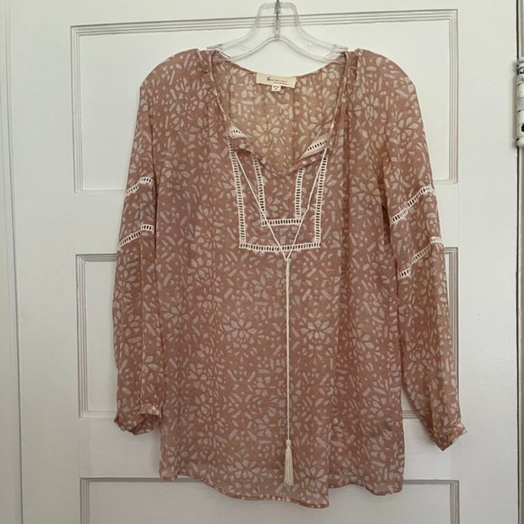 Two by Vince Camuto sheer gauzy pink boho preppy tunic top long sleeve, size XS - Picture 2 of 12